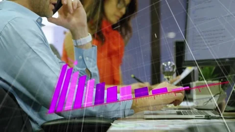 Animation of arrow on graph over moving lines on grid pattern, caucasian man Stock Footage 239789297