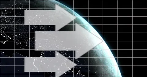 Animation of arrow on grid pattern and rotating globe over black background Stock Footage 247919814