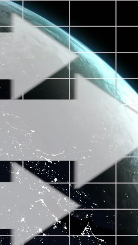 Animation of arrow on grid pattern and rotating globe over black background Stock Footage 321039579