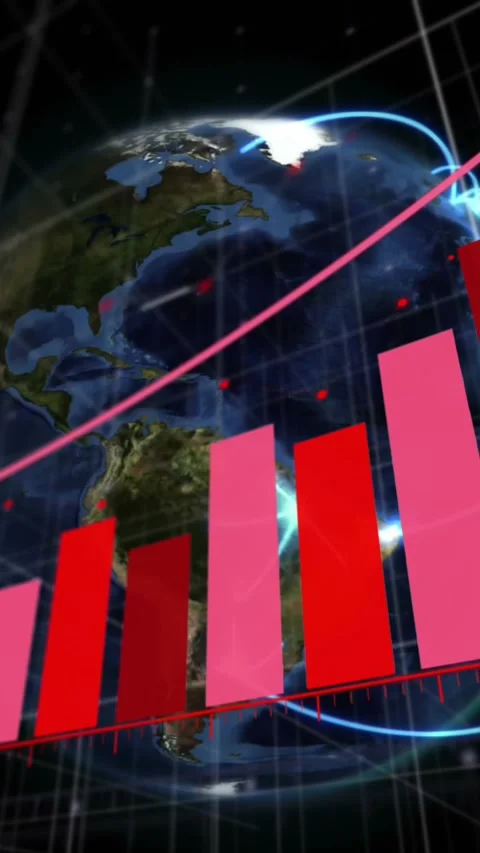 Animation of arrow on growing bar graph and globe over black background Stock Footage 341659658