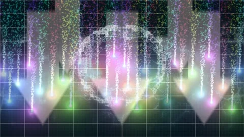 Animation of arrow icons over human brain icon against colorful light trails and Stock Footage 329123412
