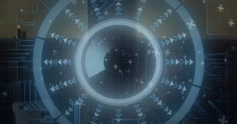 Animation of arrow in loading circle and circuit board pattern over aerial view Stock Footage 247316721