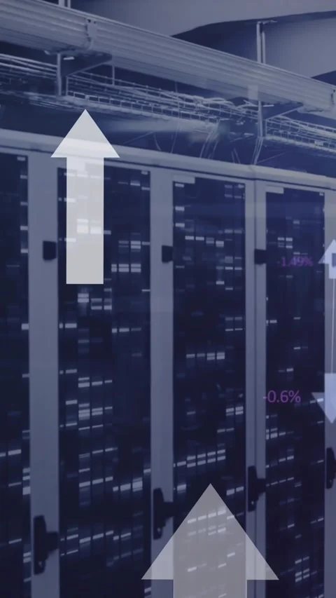 Animation arrow moving upwards over illuminating data server racks Stock Footage 344766114