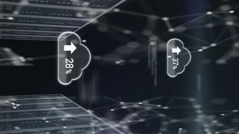 Animation of arrow, numbers in cloud, connected dots and computer language over Stock Footage 312288772