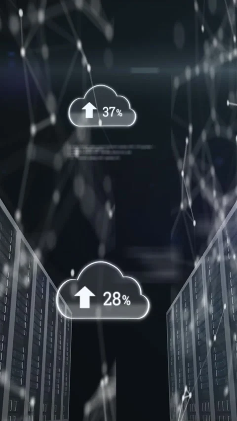 Animation of arrow, numbers in cloud, connected dots and computer language over Stock Footage 320921738