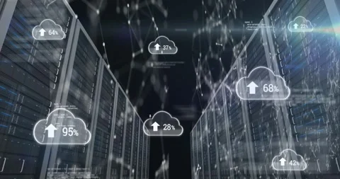 Animation of arrow, numbers in cloud, connected dots and computer language over Stock Footage 326409304