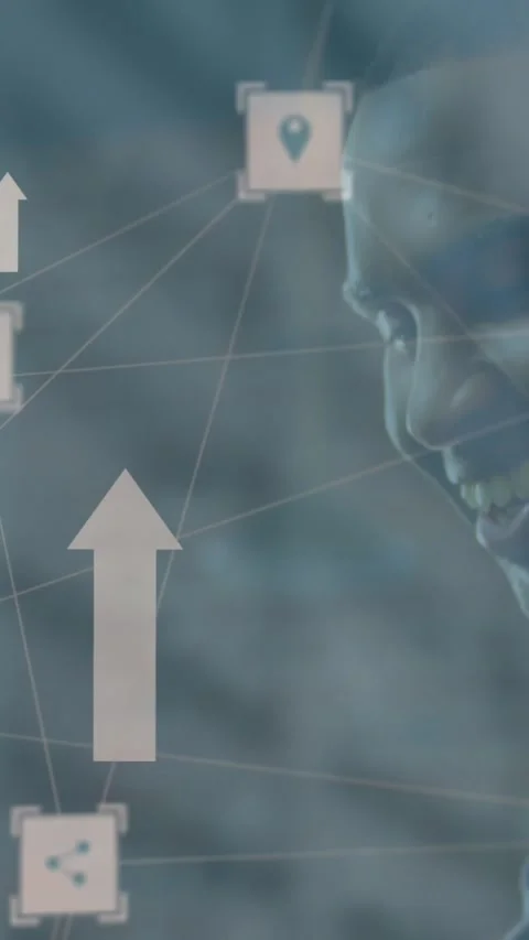 Animation of up arrows and connected icons over smiling african american man Stock Footage 344679292