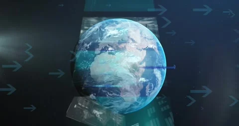 Animation of arrows and data processing on interface screens over globe in night Stock Footage 327587412