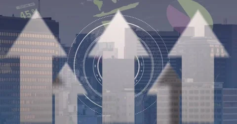 Animation of up arrows and infographic interface over circles against aerial Stock Footage 242025012