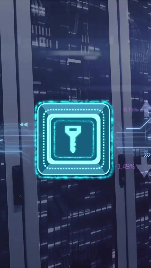 Animation of arrows and key over server room Stock Footage 343868121