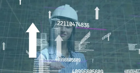 Animation of arrows and numbers over caucasian female worker Video stock 329614615