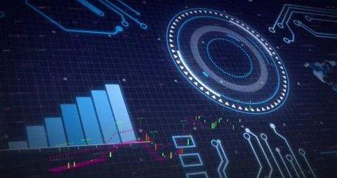 Animation of arrows in circles, graph, circuit board pattern, grid pattern over Stock Footage 244312890