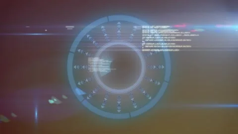 Animation of arrows in loading circles with lens flares and computer language Stock Footage 327782281
