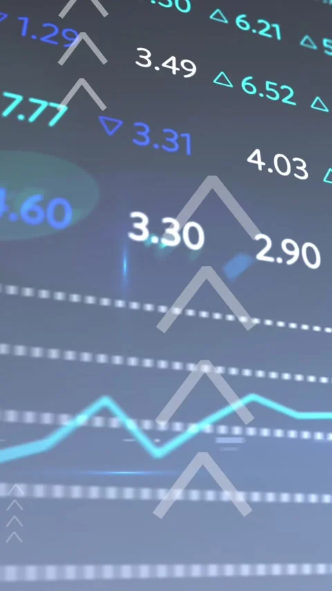 Animation of up arrows with multicolored trading board and lens flares over Stock Footage 344775026