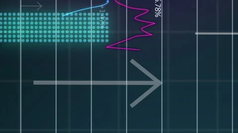 Animation of up arrows with multiple graphs and changing numbers over black Stock Footage 312875682