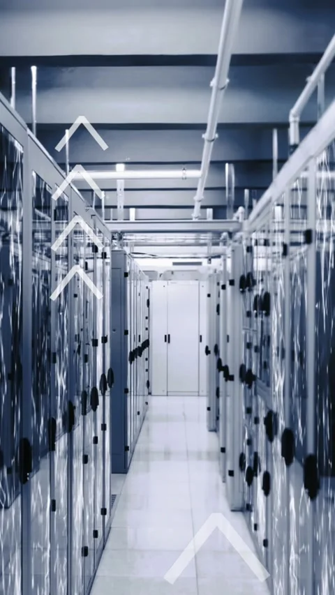 Animation of arrows over connected dots on data server racks in server room Stock Footage 344636483
