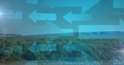 Animation of arrows over scenic landscape with hills in school project Stock Footage 304645246