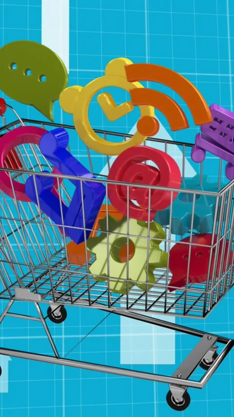 Animation of arrows pointing up and red lines processing over shopping trolley Stock Footage 342225182