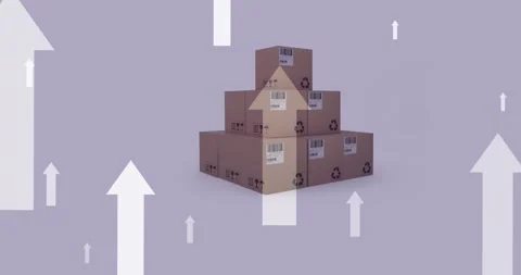 Animation of arrows pointing up over stack of boxes on purple background Stock Footage 328449870