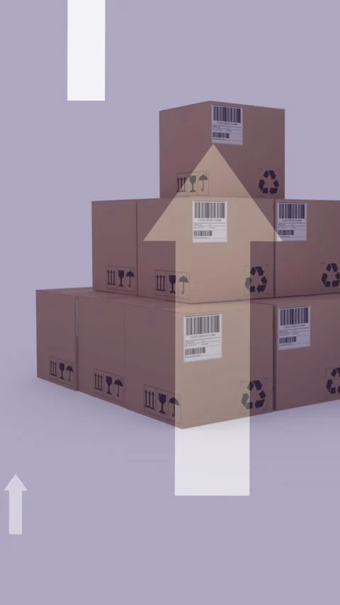 Animation of arrows pointing up over stack of boxes on purple background Stock Footage 342225173