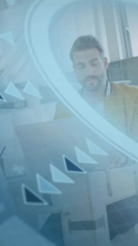 Animation of arrows in radar, circuit board pattern over caucasian man working Stock Footage 344557520
