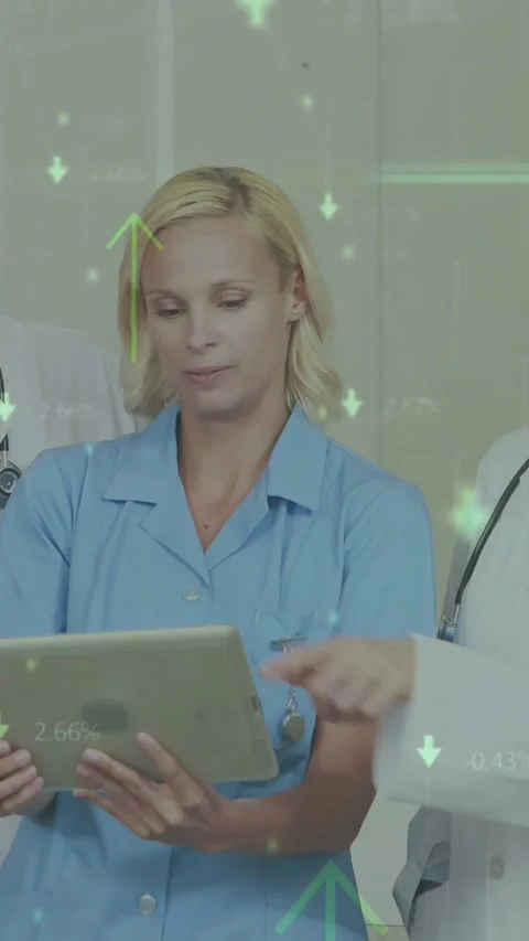 Animation of up arrows, trading board, connected dots, diverse doctors Stock Footage 344525081