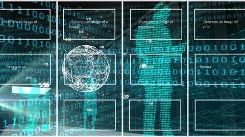 Animation of artificial intelligence text and binary coding with data processing Stock Footage 240258751