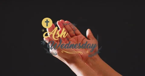 Animation of ash wednesday text over biracial woman's paying hands on wooden Видео 265542683