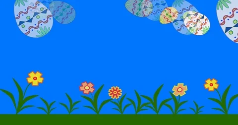 Animation aster eggs falling into the grass on blue sky. Stock Footage 72653220