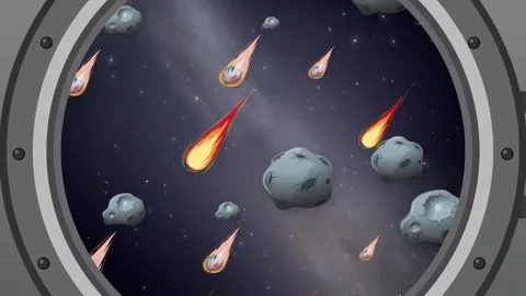 Animation of Asteroids and Comets Passing Outside Spaceship Porthole Window Stock Footage 345206636