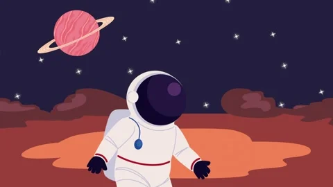 Animation of an astronaut walking on a Martian surface with a rocket flying.. Stock Footage 339260440