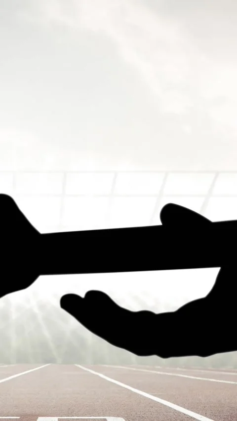 Animation of athlete's hands passing relay baton over sports stadium Vídeos de archivo 341660095