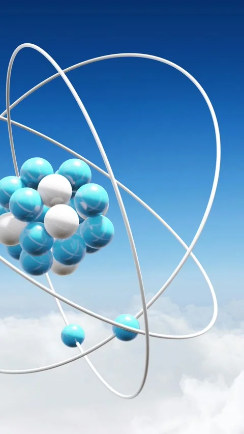 Animation of atom models spinning over clouds on blue background Stock Footage 343641082