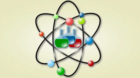 Animation of atom scheme with laboratory flasks Stock Footage 65330646