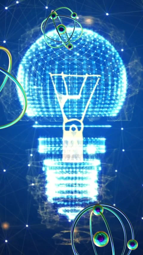 Animation of atomic structures over light bulb and networks on blue background Video stock 343720908