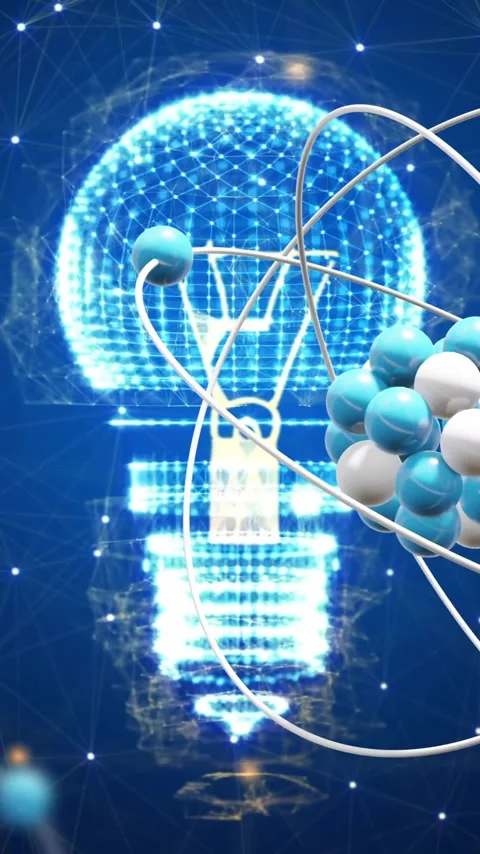 Animation of atomic structures over light bulb and networks on blue background Video stock 343954749