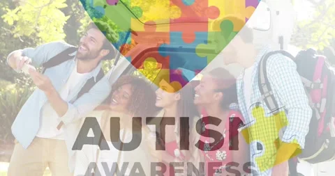 Animation of autism awareness month text and puzzle pieces over happy diverse Stock Footage 328934666