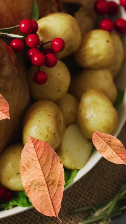 Animation of autumn leaves falling over thanksgiving dinner background Stock Footage 343641316