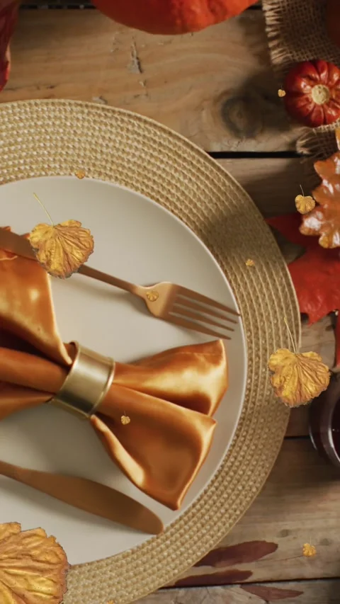 Animation of autumn leaves falling over thanksgiving dinner background Stock Footage 343641318