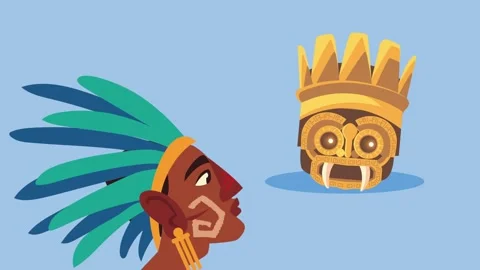 Animation of aztec warrior profile wearing feather headdress and golden mas.. Video stock 333290042