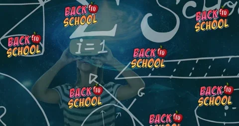Animation of back to school and math formulas over caucasian girl in vr headset Stock Footage 330583538