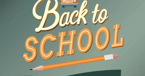 Animation of back to school bargains text with school bus and pencil logo Stock Footage 329359227