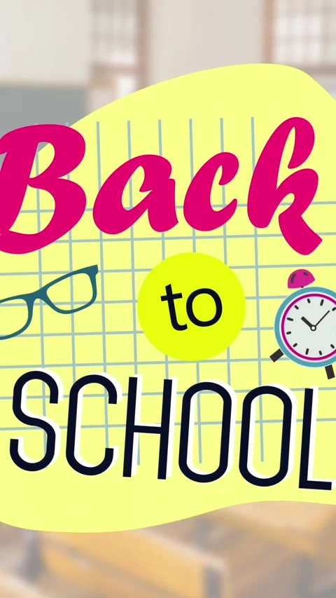 Animation of back to school text and school items icons over empty classroom Stock Footage 342098184