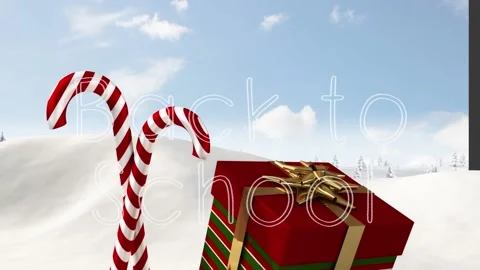 Animation of back to school text banner and gift and candy canes icons against 库存影片 328007093