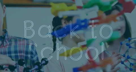 Animation of back to school text over diverse schoolchildren with models in lab Stock Footage 326037737
