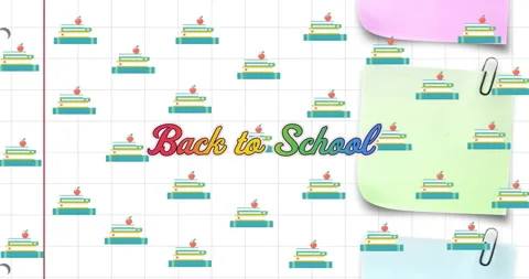 Animation of back to school text, schoolbooks and pencils over memo notes on Stock Footage 310925374