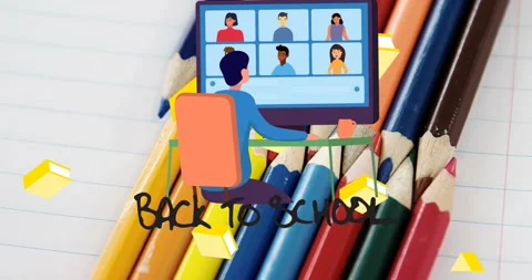 Animation of back to school text with schoolboy using computer over coloured Stock Footage 330290740