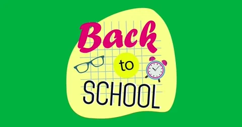 Animation of Back to School written in pink and black with glasses and alarm Stock Footage 325484411