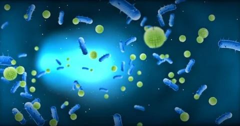 Animation of bacteria, virus, cell flowing on blue background Stock Footage