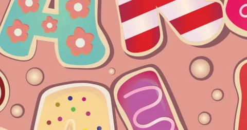 Animation of bake sale colourful pattern text over banner and flowers in Stock Footage 155437893